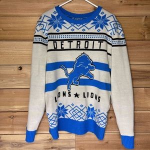 Junk food Detroit Lions Ugly Christmas Sweater, Adult XL, White & Blue.